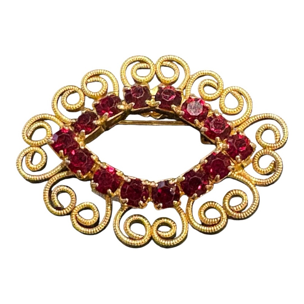 Vintage Gold-Tone Filigree Brooch with Red Rhinestones JB9